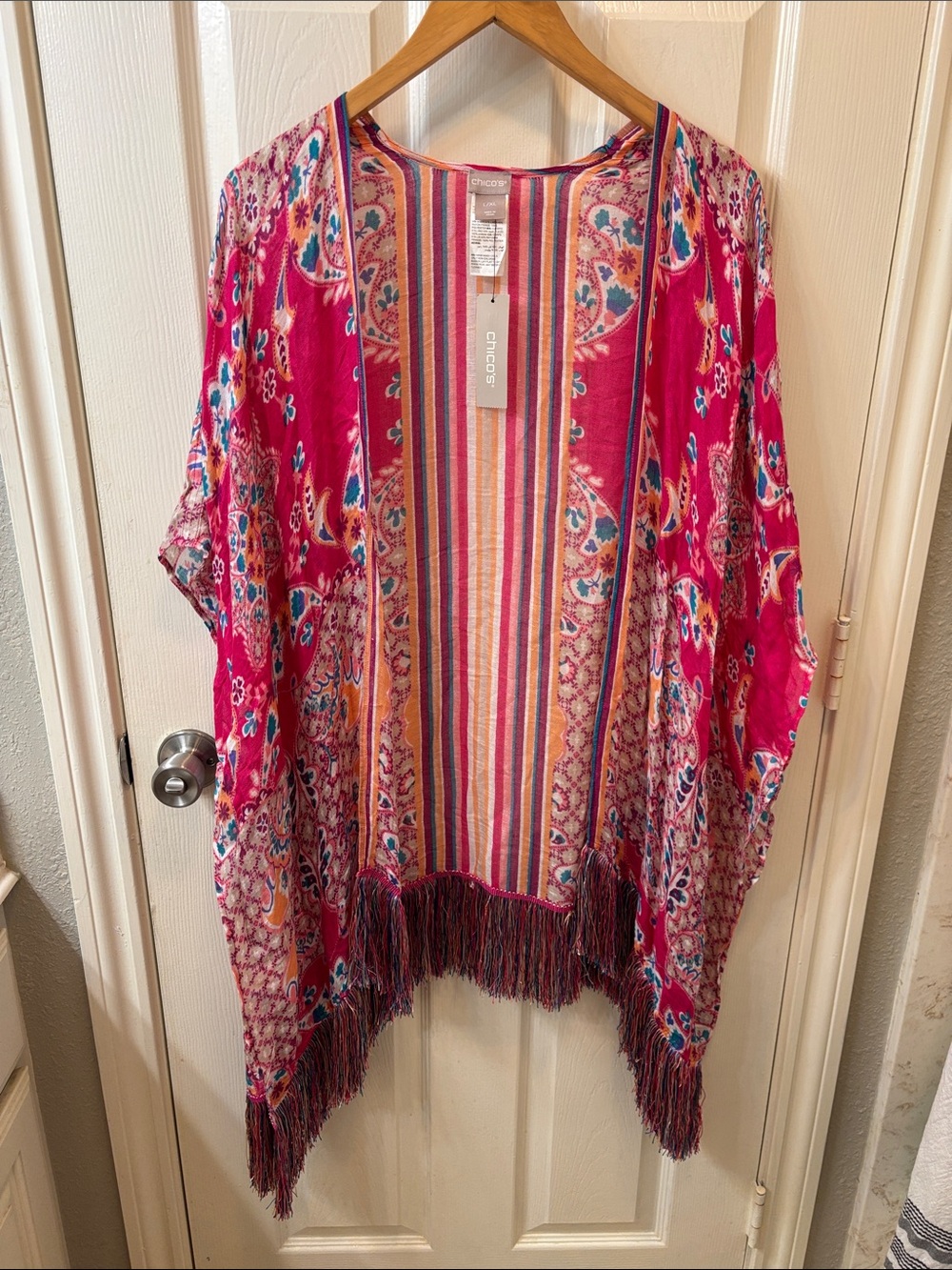 NWT Chico’s longlined paisley print fringe linen blend kimono cardigan size L/Xl